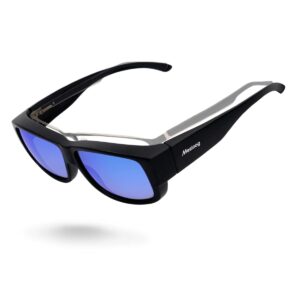 Meeloog Polarized Fit Over Glasses Sunglasses For Men, Rectangle Wrap Around Sun Glasses for Driving Riding Fishing MST0006 (P1 Black Frame/Blue Mirrored Lens)