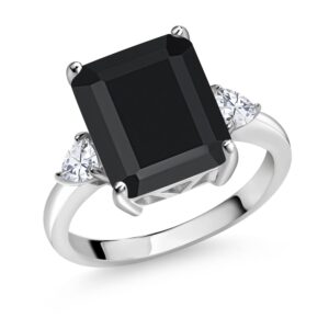 gem stone king 925 sterling silver black onyx and white moissanite 3 stone ring for women (6.09 cttw, gemstone birthstone, emerald cut 12x10mm, trillion 3.5mm) (size 8)