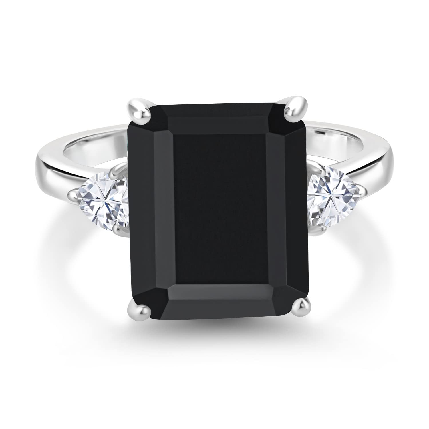 Gem Stone King 925 Sterling Silver Black Onyx and White Moissanite 3 Stone Ring For Women (6.09 Cttw, Gemstone Birthstone, Emerald Cut 12X10MM, Trillion 3.5MM) (Size 8)