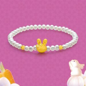 ZHOU LIU FU 24K Solid Gold Bracelets for Women, Stretchable Real Gold Rabbit Freshwater Pearl Bangle Charm Bracelets, Pure Gold White Pearls Bunny Bracelet