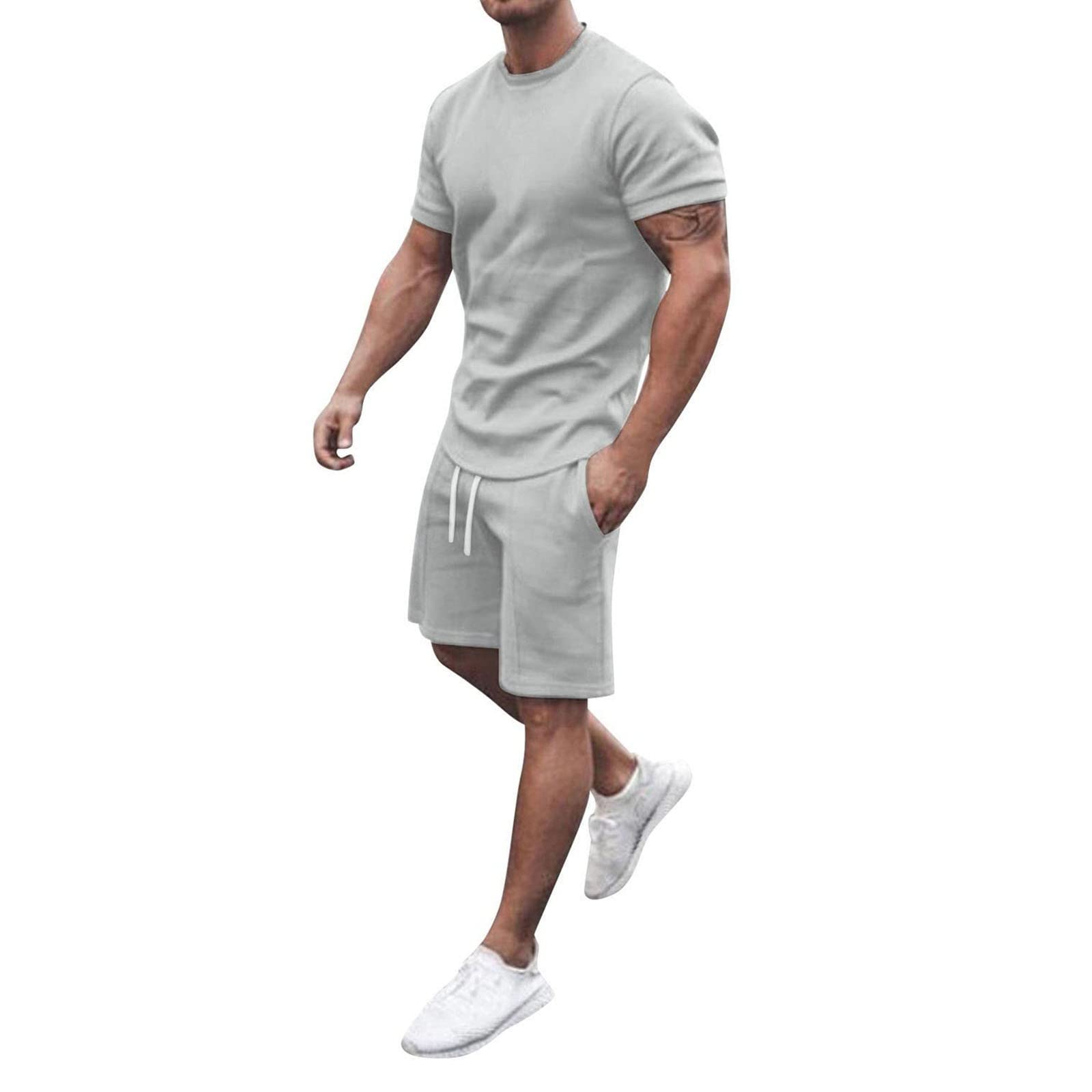 Men 2 Piece Outfits Summer Casual Crew Neck Muscle Short Sleeve Tee Shirts and Classic Fit Sport Shorts Set Tracksuit B-Grey