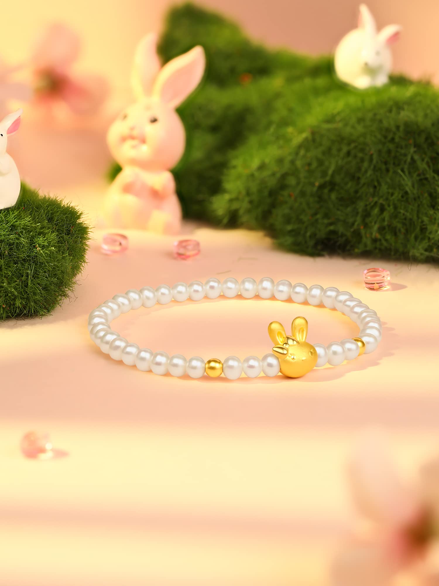 ZHOU LIU FU 24K Solid Gold Bracelets for Women, Stretchable Real Gold Rabbit Freshwater Pearl Bangle Charm Bracelets, Pure Gold White Pearls Bunny Bracelet