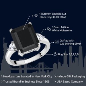 Gem Stone King 925 Sterling Silver Black Onyx and White Moissanite 3 Stone Ring For Women (6.09 Cttw, Gemstone Birthstone, Emerald Cut 12X10MM, Trillion 3.5MM) (Size 8)