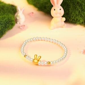 ZHOU LIU FU 24K Solid Gold Bracelets for Women, Stretchable Real Gold Rabbit Freshwater Pearl Bangle Charm Bracelets, Pure Gold White Pearls Bunny Bracelet