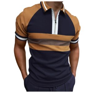 Mens Zip Up Vintage Polo Shirt Short Sleeve Stripe Classic Moisture Wicking Golf Tennis Shirts Casual Workout Tee Tops B-Khaki