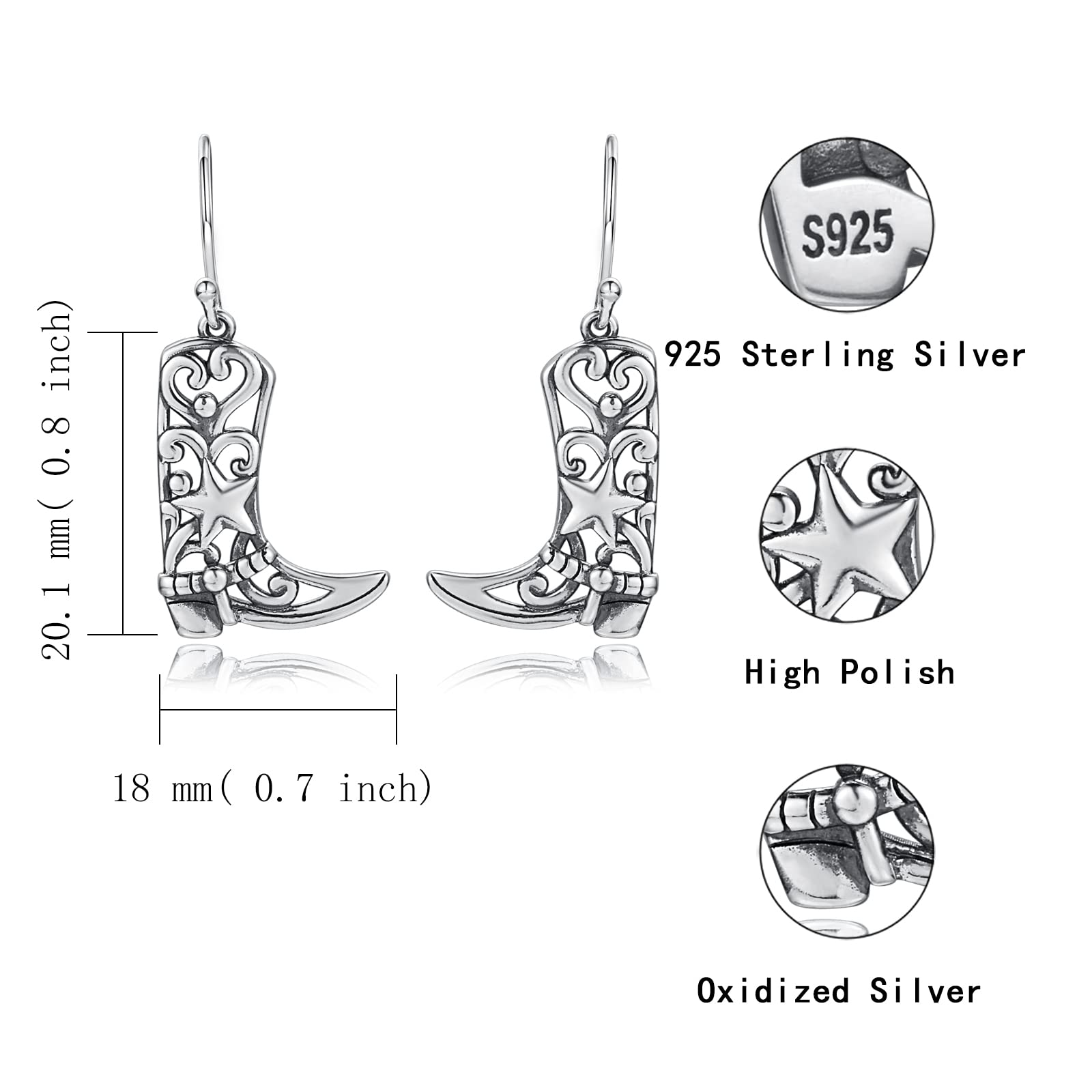 Sterling Silver Cowgirl Boot Earrings: Women Dangle Boot Earrings Country Western Style Jewelry Gifts for Cowgirl (Style 1)