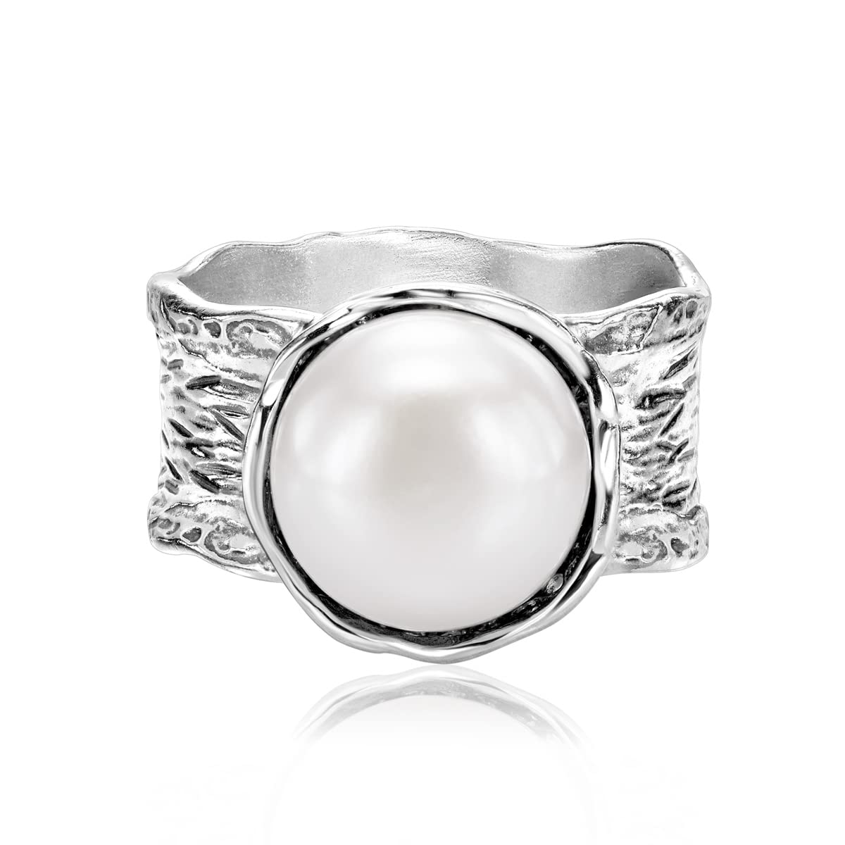 925 Sterling Silver Ring With Freshwater Pearl, Bold Textured, Bezel Set, Vintage Look Stylish Hypoallergenic, Nickel and Lead-free, Artisan Handcrafted Designer Collection Made in Israel (Size 5-11)