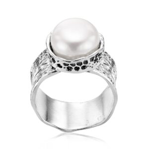 925 Sterling Silver Ring With Freshwater Pearl, Bold Textured, Bezel Set, Vintage Look Stylish Hypoallergenic, Nickel and Lead-free, Artisan Handcrafted Designer Collection Made in Israel (Size 5-11)