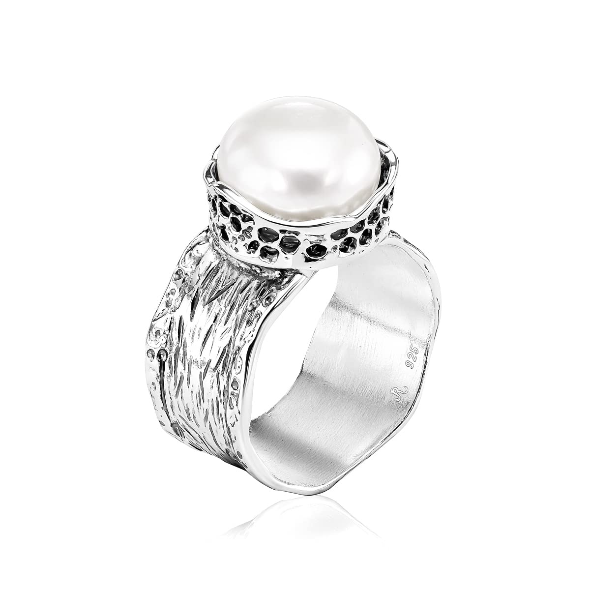 925 Sterling Silver Ring With Freshwater Pearl, Bold Textured, Bezel Set, Vintage Look Stylish Hypoallergenic, Nickel and Lead-free, Artisan Handcrafted Designer Collection Made in Israel (Size 5-11)