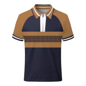 Mens Zip Up Vintage Polo Shirt Short Sleeve Stripe Classic Moisture Wicking Golf Tennis Shirts Casual Workout Tee Tops B-Khaki