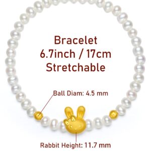 ZHOU LIU FU 24K Solid Gold Bracelets for Women, Stretchable Real Gold Rabbit Freshwater Pearl Bangle Charm Bracelets, Pure Gold White Pearls Bunny Bracelet