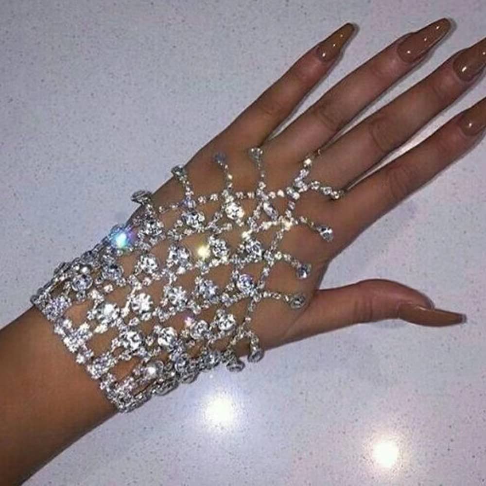 YERTTER Silver Wedding Full Rhinestone Hand Back Chain Sparkly Crystal Finger Bracelet with Ring Hareness Hand Chain Slave Link with Ring Bracelet Accessories Party for Women Girls（Silver 1)