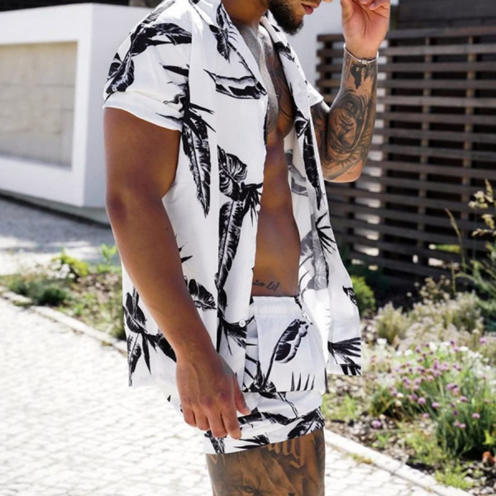 Men 2 Piece Outfit Summer Stylish Casual Hawaiian Tracksuit Graphic Tees Tank Tops Beach Shirts and Shots Sets Pockets A-White