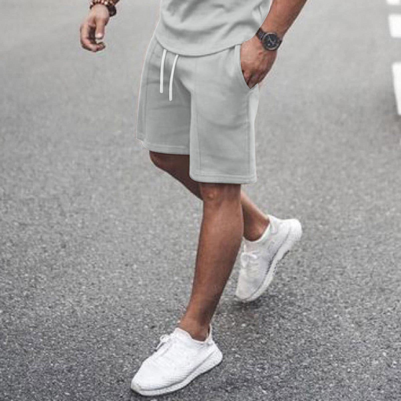 Men 2 Piece Outfits Summer Casual Crew Neck Muscle Short Sleeve Tee Shirts and Classic Fit Sport Shorts Set Tracksuit B-Grey