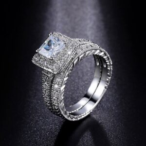 2Pcs Women Engagement Rings Square Cut Princess CZ Simulated Diamond Ring Set Wedding Bands Elegant Jewelry (Silver, 8)