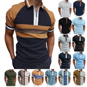 Mens Zip Up Vintage Polo Shirt Short Sleeve Stripe Classic Moisture Wicking Golf Tennis Shirts Casual Workout Tee Tops B-Khaki