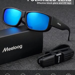 Meeloog Polarized Fit Over Glasses Sunglasses For Men, Rectangle Wrap Around Sun Glasses for Driving Riding Fishing MST0006 (P1 Black Frame/Blue Mirrored Lens)