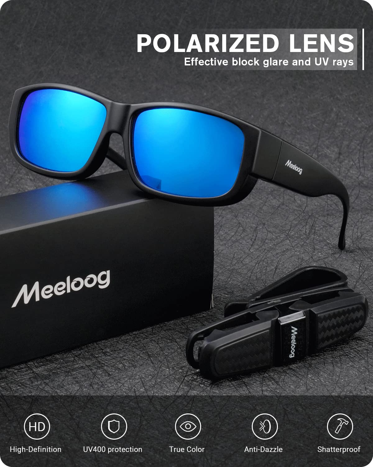 Meeloog Polarized Fit Over Glasses Sunglasses For Men, Rectangle Wrap Around Sun Glasses for Driving Riding Fishing MST0006 (P1 Black Frame/Blue Mirrored Lens)