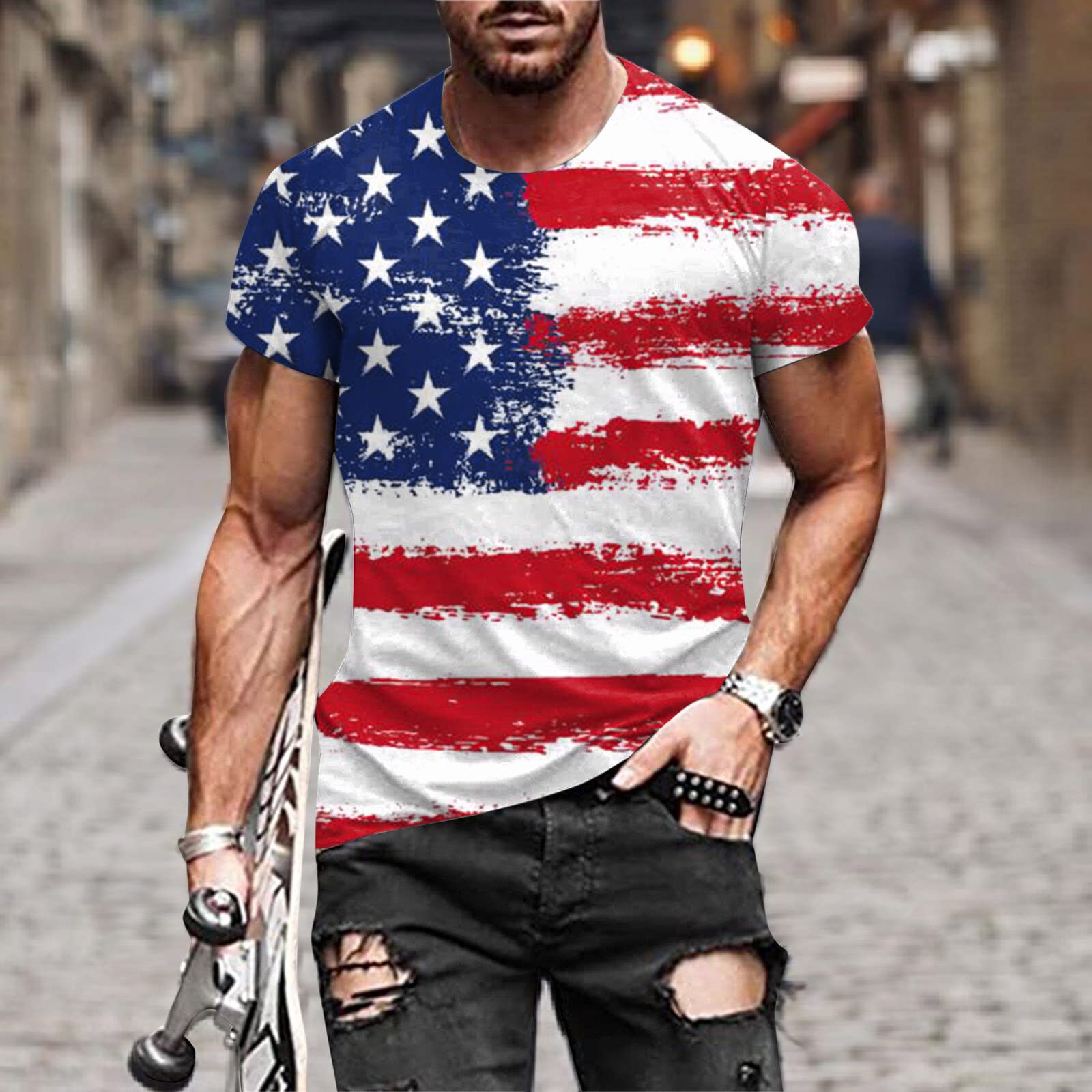 Mens USA Flag American Patriotic T-Shirt Short Sleeve 4Th of July Tshirts Street Soldier Patriotic Flag Printed Tees(White,Large)