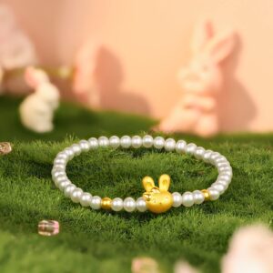 ZHOU LIU FU 24K Solid Gold Bracelets for Women, Stretchable Real Gold Rabbit Freshwater Pearl Bangle Charm Bracelets, Pure Gold White Pearls Bunny Bracelet