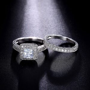 2Pcs Women Engagement Rings Square Cut Princess CZ Simulated Diamond Ring Set Wedding Bands Elegant Jewelry (Silver, 8)