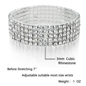 Zealmer 5 Row Rhinestone Stretch Bracelets for Women Bling Diamond Silver Cuffs Glitter Bracelet Stackable Gold Plated Sparkling Jewelry Gifts for Womens Bridal Wedding Bridesmaid