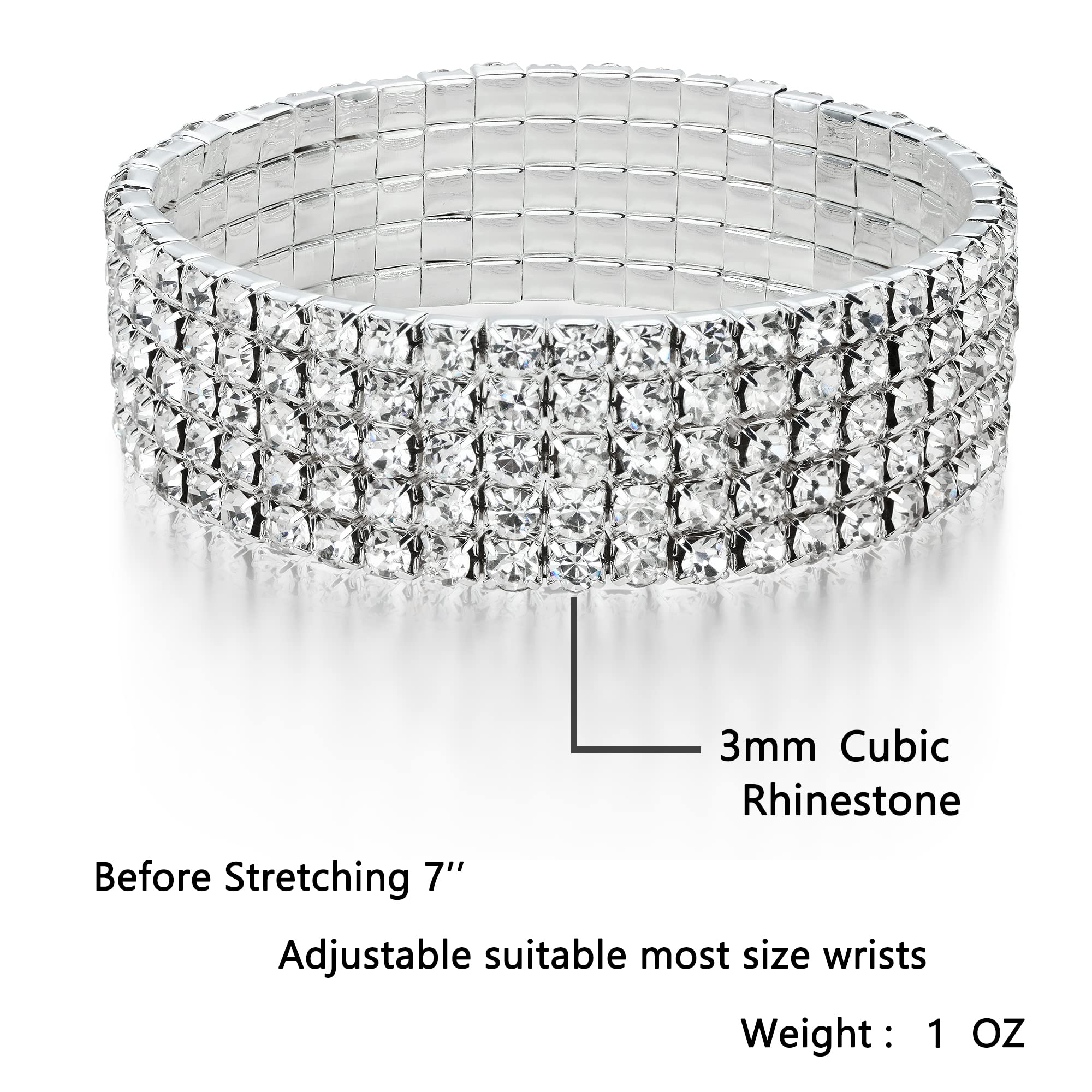 Zealmer 5 Row Rhinestone Stretch Bracelets for Women Bling Diamond Silver Cuffs Glitter Bracelet Stackable Gold Plated Sparkling Jewelry Gifts for Womens Bridal Wedding Bridesmaid