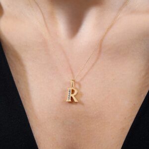 Wish Carat 100% 14k Real Gold Necklace for Women with Zirconia Diamond | Dainty Charm Alphabet Name Letter Initial Necklaces for Women | Pendant Jewelry for Her | Birthday Gifts | 18''