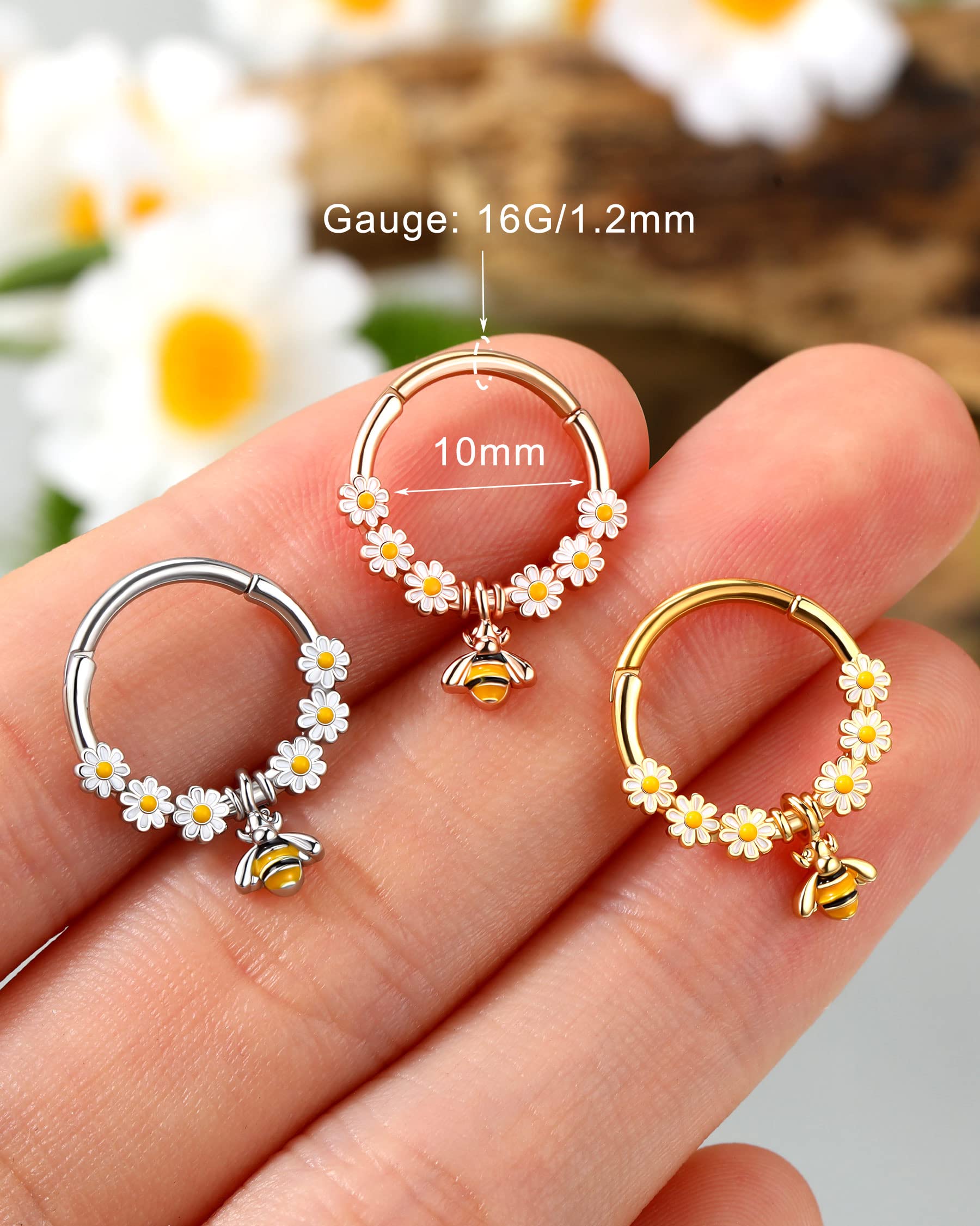 Melighting Bee Septum Rings 16G Dangle Septum Jewelry Stainless Steel 316L Flower Septum Ring Cute Daith Earrings Helix Earring Cartilage Tragus Piercing for Women