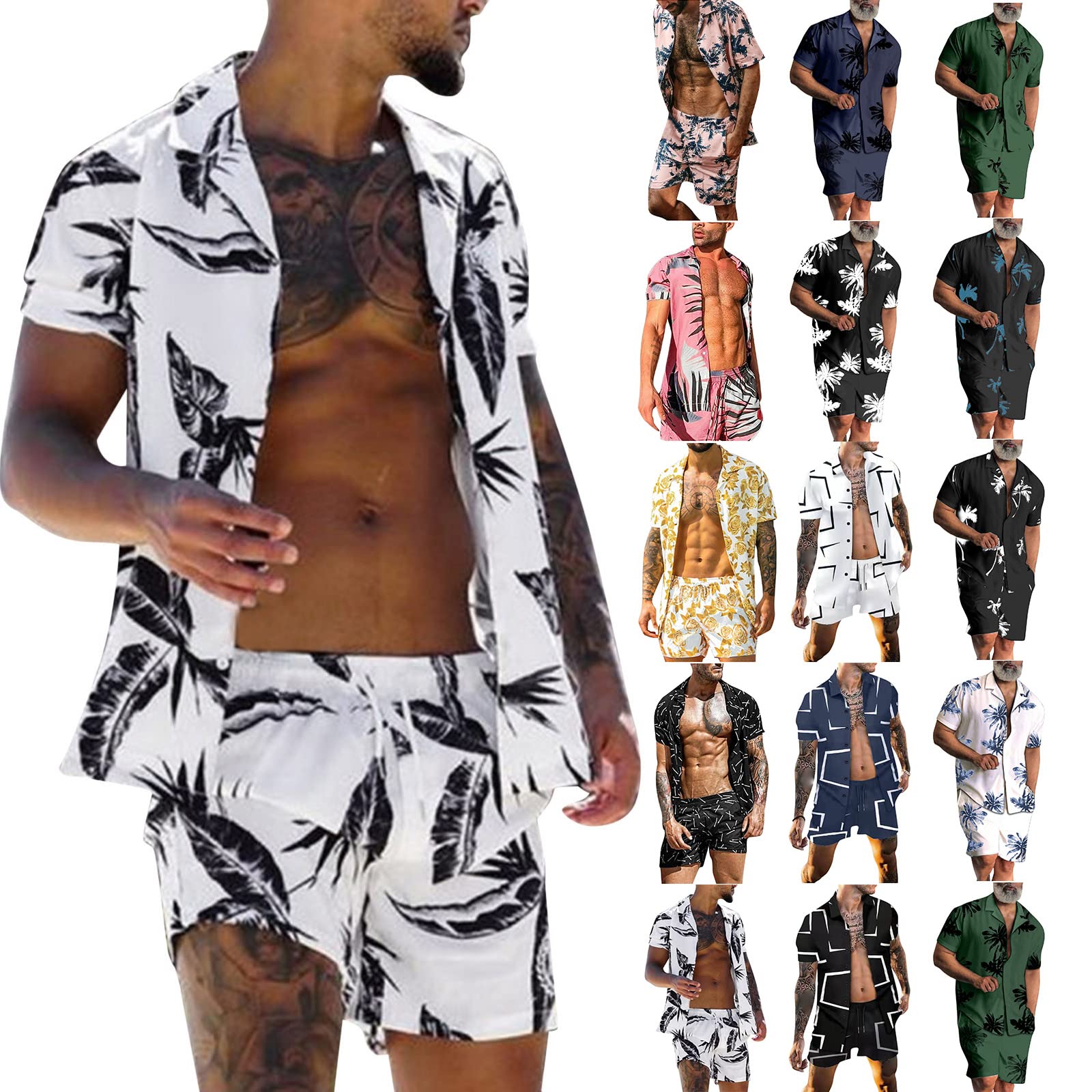 Men 2 Piece Outfit Summer Stylish Casual Hawaiian Tracksuit Graphic Tees Tank Tops Beach Shirts and Shots Sets Pockets A-White