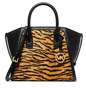 michael kors avril tiger print calf hair top zip small satchel, marigold