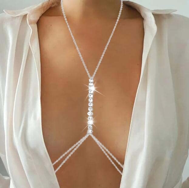 Tgirls Rhinestone Body Chains Silver Body Jewelry for Women Sexy Crystal Body Chain Beach Party Body Belly Chain