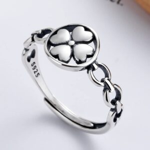 OIDIMS Irish Four Leaf Clover Shamrock Ring St Patricks Day 925 Sterling Silver Adjustable Open Flower Rings Vintage Wedding Statement Lucky Heart Flower Stackable Jewelry for Women Bff Birthday Xmas