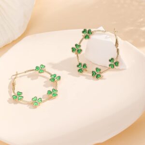 Pingyongchang St.Patrick's Day Green Shamrock Hoop Earrings Irish Clover Circle Earrings Lucky Leaf Earrings for Women Irish Holiday Jewelry Gifts-Gold