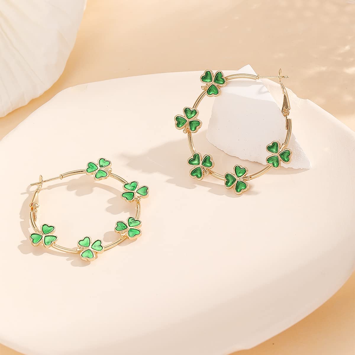 Pingyongchang St.Patrick's Day Green Shamrock Hoop Earrings Irish Clover Circle Earrings Lucky Leaf Earrings for Women Irish Holiday Jewelry Gifts-Gold