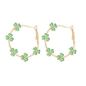 Pingyongchang St.Patrick's Day Green Shamrock Hoop Earrings Irish Clover Circle Earrings Lucky Leaf Earrings for Women Irish Holiday Jewelry Gifts-Gold