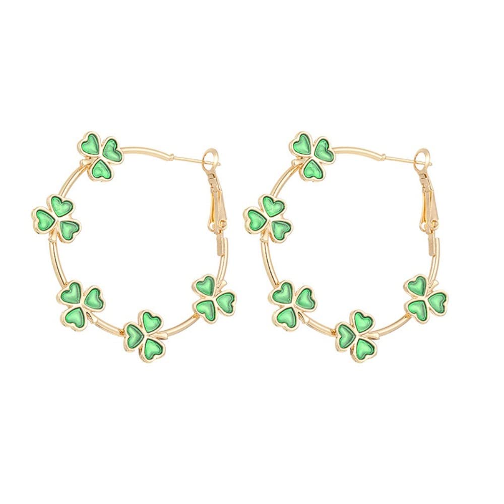 Pingyongchang St.Patrick's Day Green Shamrock Hoop Earrings Irish Clover Circle Earrings Lucky Leaf Earrings for Women Irish Holiday Jewelry Gifts-Gold