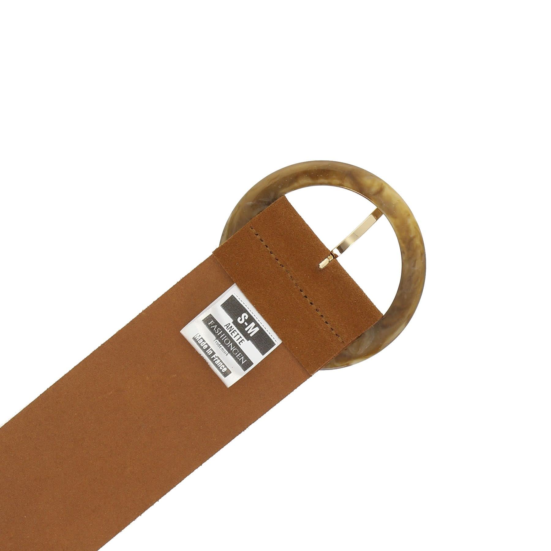 FASHIONGEN - Women's genuine Italian suede leather belt for dress, made in France, ANETTE - Camel, S-M