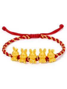 zhou liu fu real gold charm bracelets for women, adjustable 5 lucky rabbit 24k solid gold jewelry braided red bracelet, fortune rabbit charm bracelets lucky bunny pure gold bangle bracelets