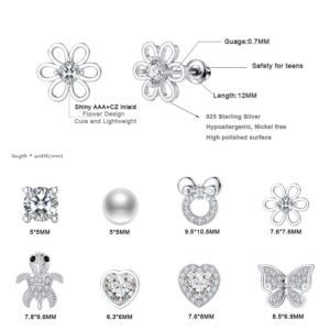 TOPBRIGHT 8 Pairs S925 Sterling Silver Stud Earrings Hypoallergenic Earrings White Heart CZ Tiny Butterfly For Kids, Toddlers, Little Girls, Teens, Women