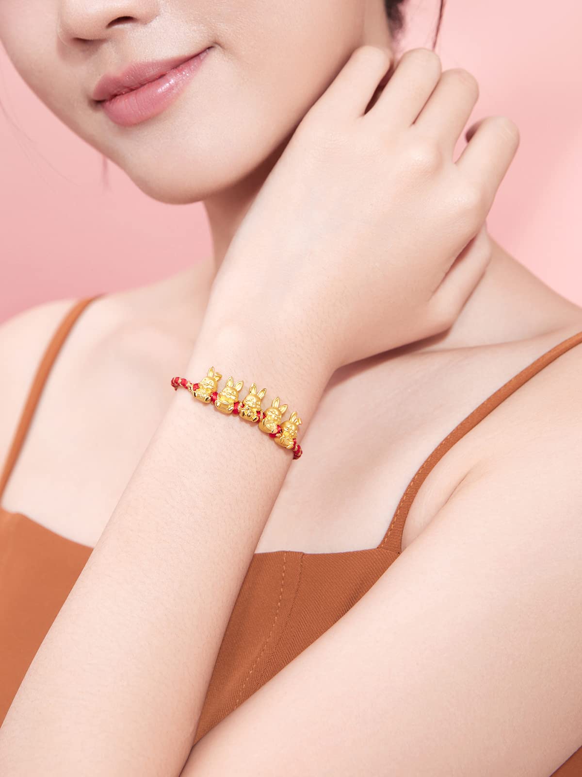 ZHOU LIU FU Real Gold Charm Bracelets for Women, Adjustable 5 Lucky Rabbit 24K Solid Gold Jewelry Braided Red Bracelet, Fortune Rabbit Charm Bracelets Lucky Bunny Pure Gold Bangle Bracelets