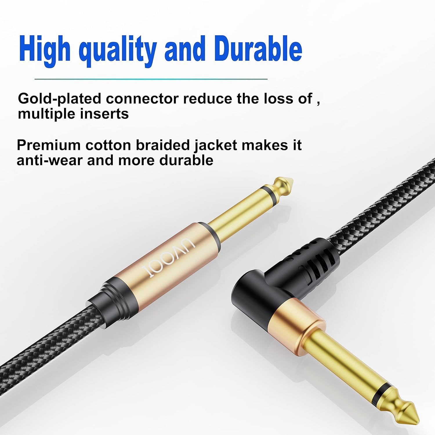 UVOOI Guitar Cable 10 ft, Instrument Cable Braided Male to Male, 1/4 inch Electric Guitar AMP Cord Right Angle 90 Degree Tweed Noiseless for Bass Acoustic Guitar Speaker Amplifier Keyboard Mandolin