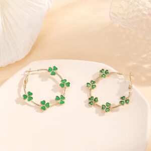 Pingyongchang St.Patrick's Day Green Shamrock Hoop Earrings Irish Clover Circle Earrings Lucky Leaf Earrings for Women Irish Holiday Jewelry Gifts-Gold