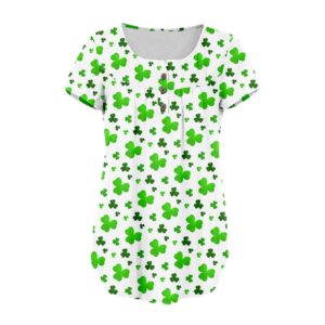 St Patricks Day Womens Short Sleeve Button Neck Flower Printed Pleated T Shirt Top Casual Floral Fit Shirts Tee Blouse