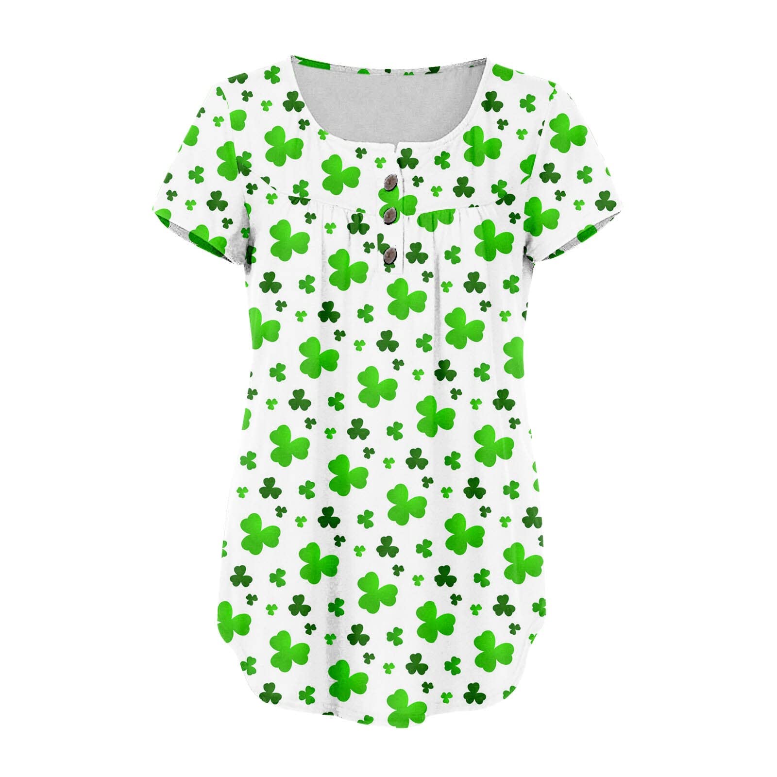 St Patricks Day Womens Short Sleeve Button Neck Flower Printed Pleated T Shirt Top Casual Floral Fit Shirts Tee Blouse