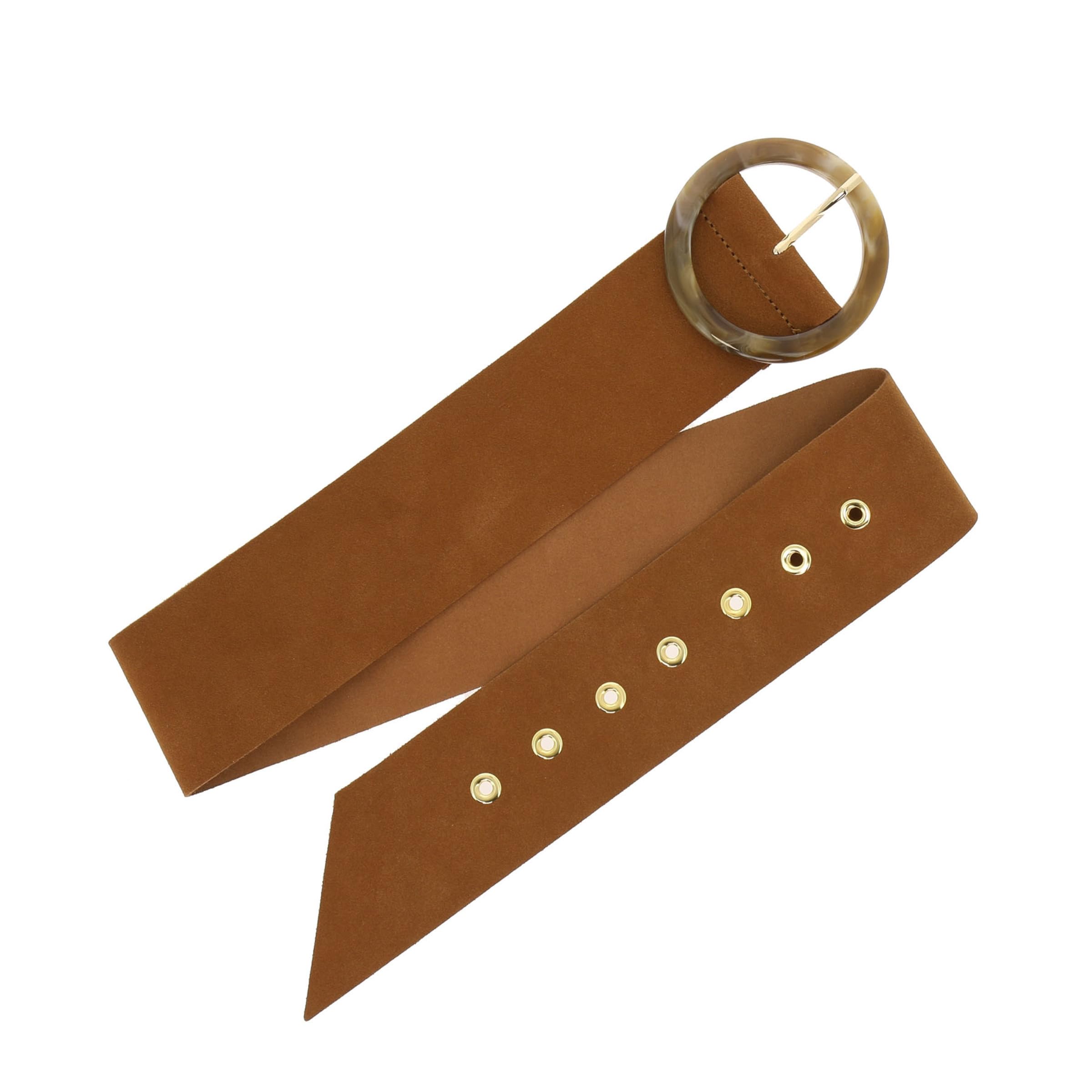 FASHIONGEN - Women's genuine Italian suede leather belt for dress, made in France, ANETTE - Camel, S-M