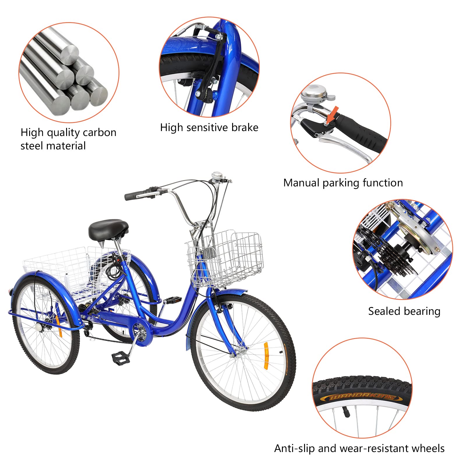 Ktaxon Adult Tricycle, Three-Wheeled Bicycles, Cargo Tricycle with 24/26 Inch Wheel Options, Large Basket, 7 Speed, Low Step-Through High Carbon Steel Frame and Rubber Tires(26In Blue)