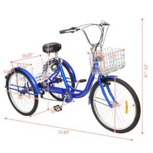 Ktaxon Adult Tricycle, Three-Wheeled Bicycles, Cargo Tricycle with 24/26 Inch Wheel Options, Large Basket, 7 Speed, Low Step-Through High Carbon Steel Frame and Rubber Tires(26In Blue)