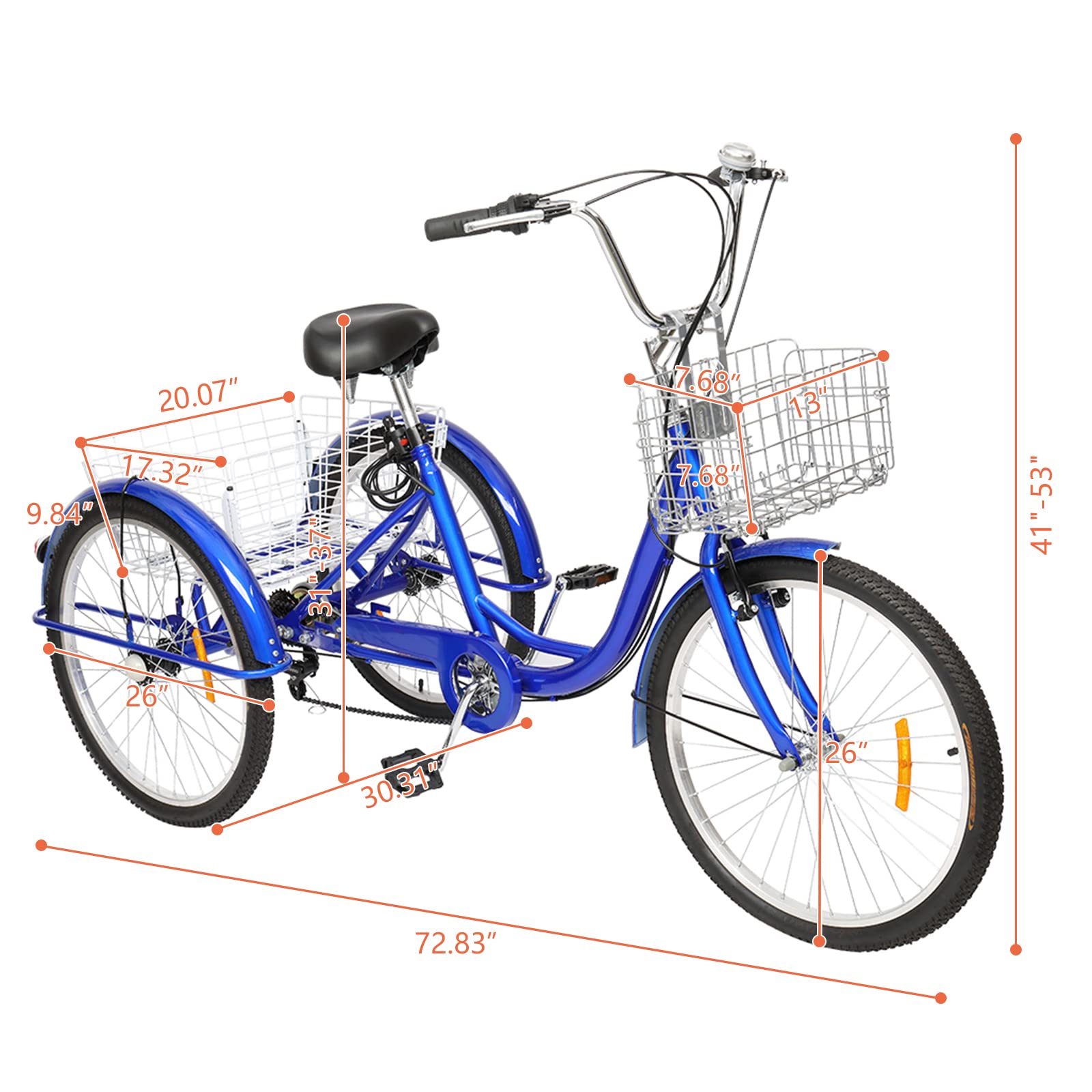 Ktaxon Adult Tricycle, Three-Wheeled Bicycles, Cargo Tricycle with 24/26 Inch Wheel Options, Large Basket, 7 Speed, Low Step-Through High Carbon Steel Frame and Rubber Tires(26In Blue)