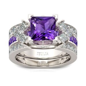 Jeulia 4.1 Carat Bridal Ring Sets for Women Princess Cut Engagement Rings Sterling Silver Wedding Band Interchangeable Rings Promise Anniversary with Jewelry Box (Purple, 7)